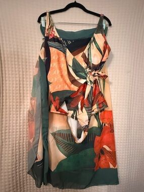 Tropical Floral Wrap bathing suit  with Matching long cover up- Green & Orange